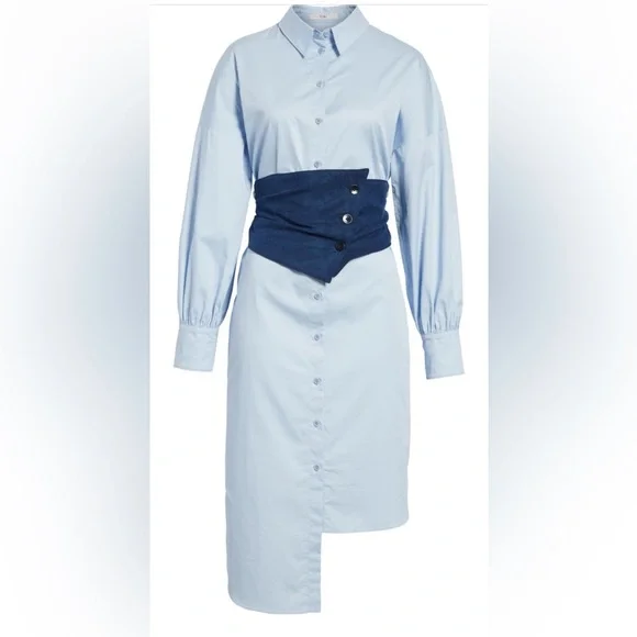 Tibi XS Corset Shirtdress Blue Cotton Poplin Midi Dress - Picture 12 of 12